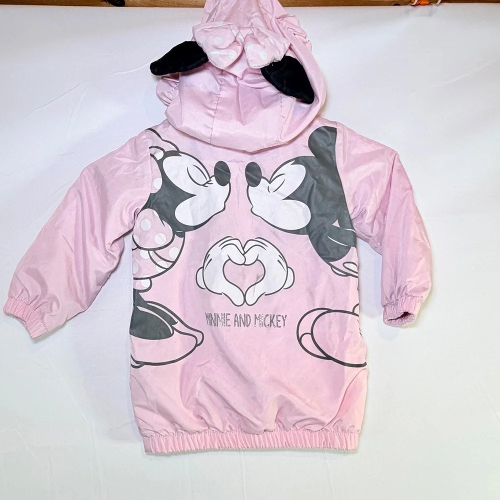 Disney Minnie Mickey Mouse Pink Hooded Windbreaker Jacket with Ears and Bow Kids